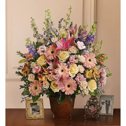 Bouquet of colorful flowers on a wooden 