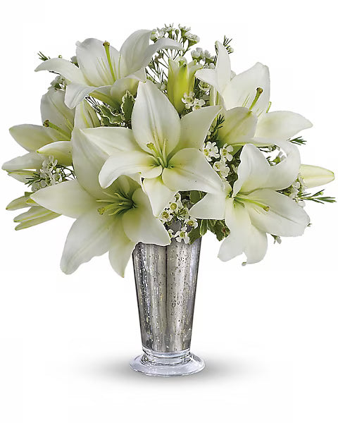 Bouquet of white lilies in a silver vase on a white background